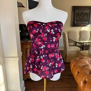american eagle purple floral strapless peplum top y2k
